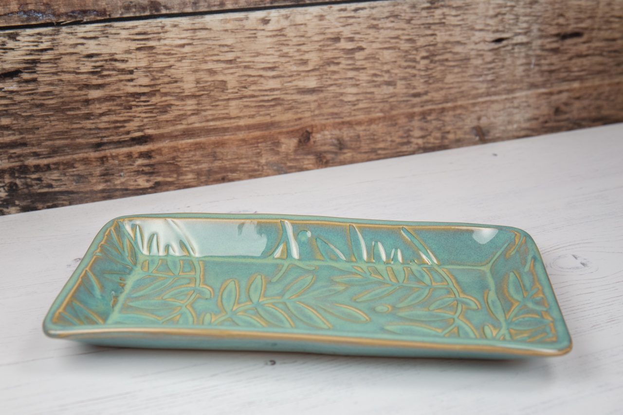 Rectangle Tray - Sea Mist Green Plate - Textured Leaf Pattern