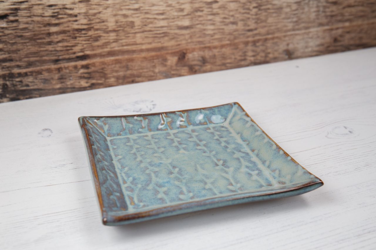 Square Plate - Denim Blue Tray - Textured Leaf Pattern