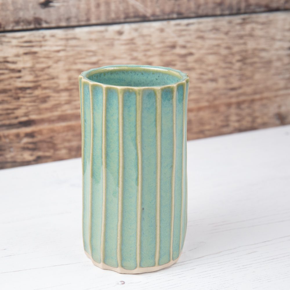 Mini Vase – Small Sea Mist Green Stoneware Flower Vase Carved Lines