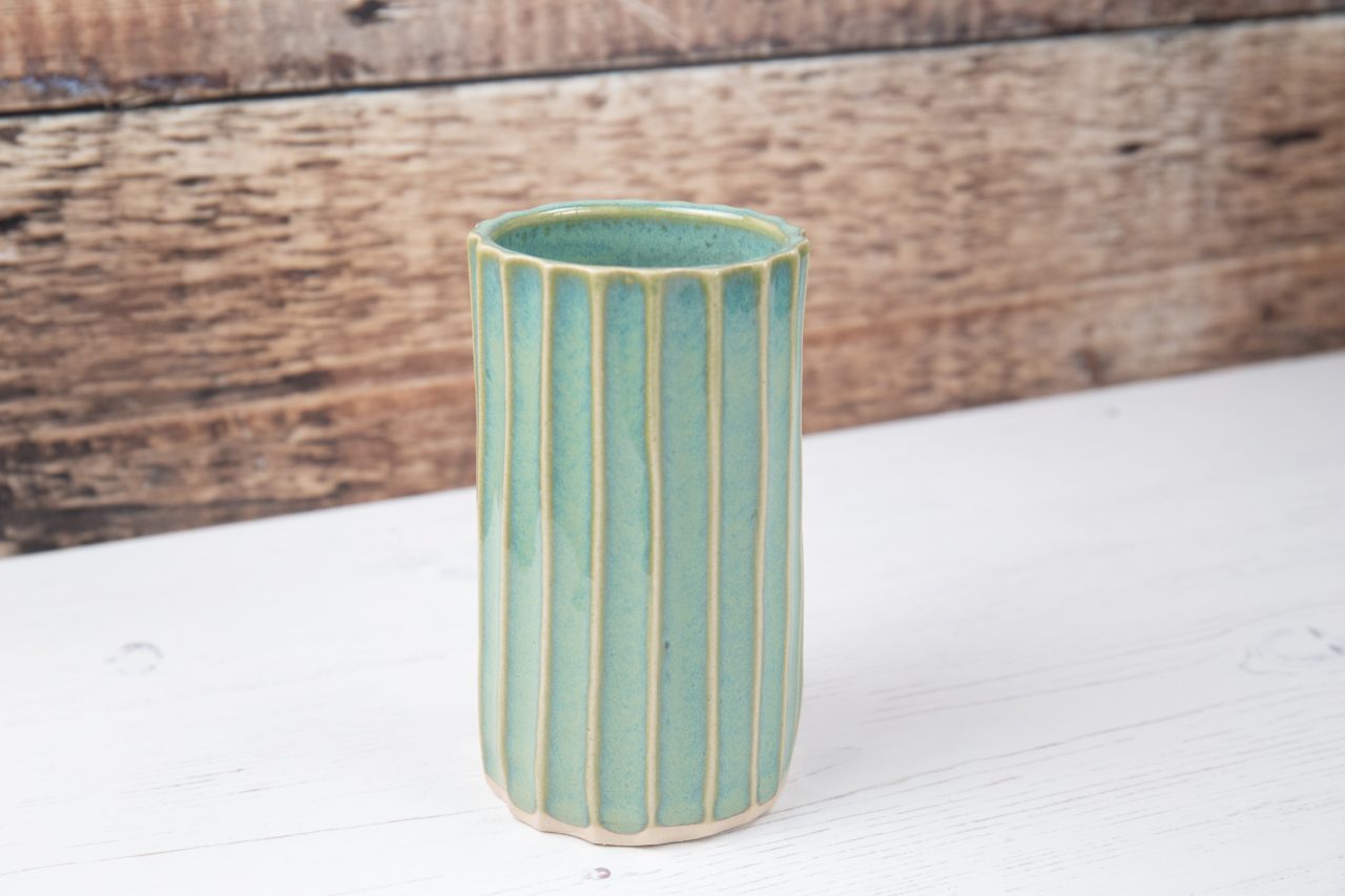 Mini Vase - Small Sea Mist Green Stoneware Flower Vase Carved Lines