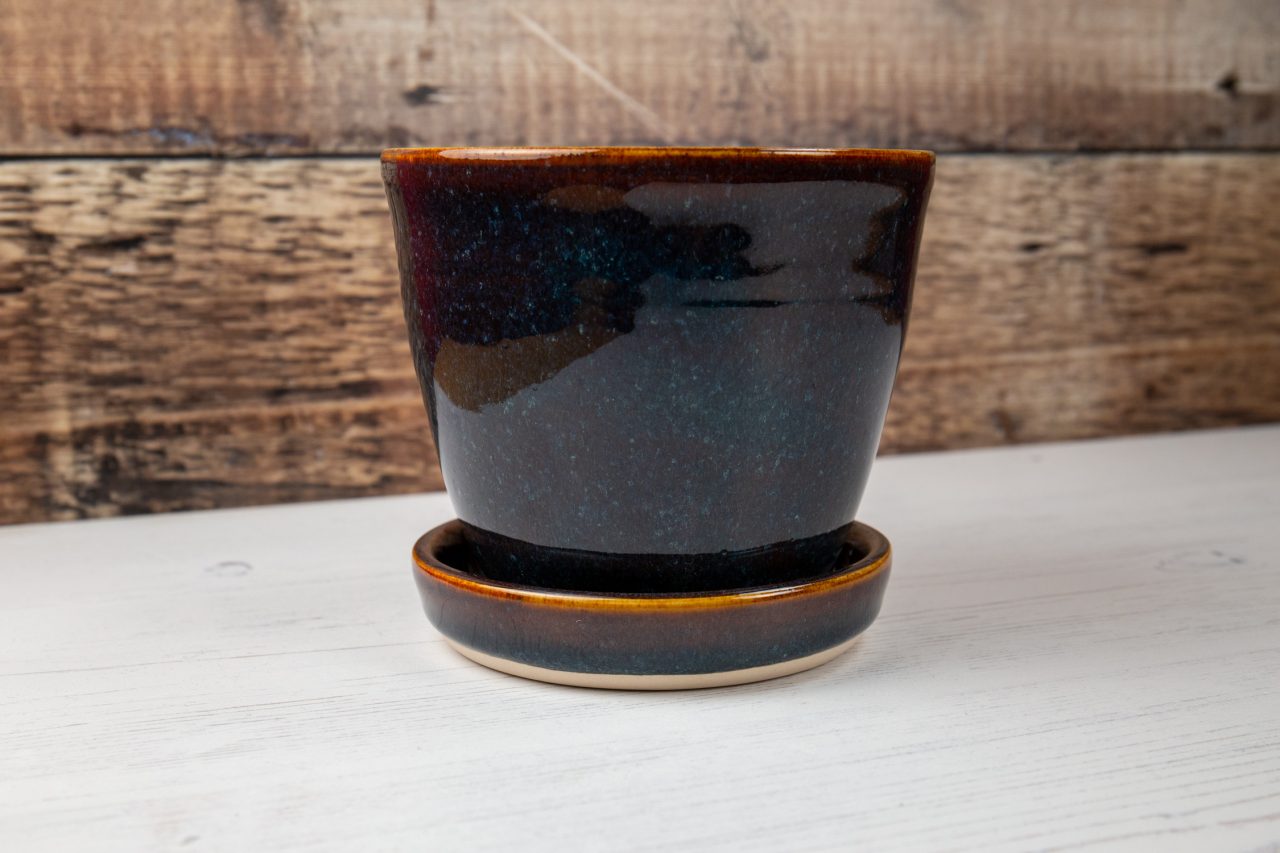 Amber Blue Stoneware Flower Pot