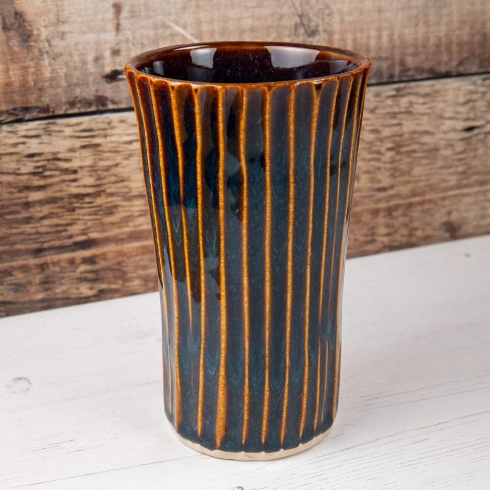 Mini Vase – Amber Blue Stoneware Flower Vase Carved Lines