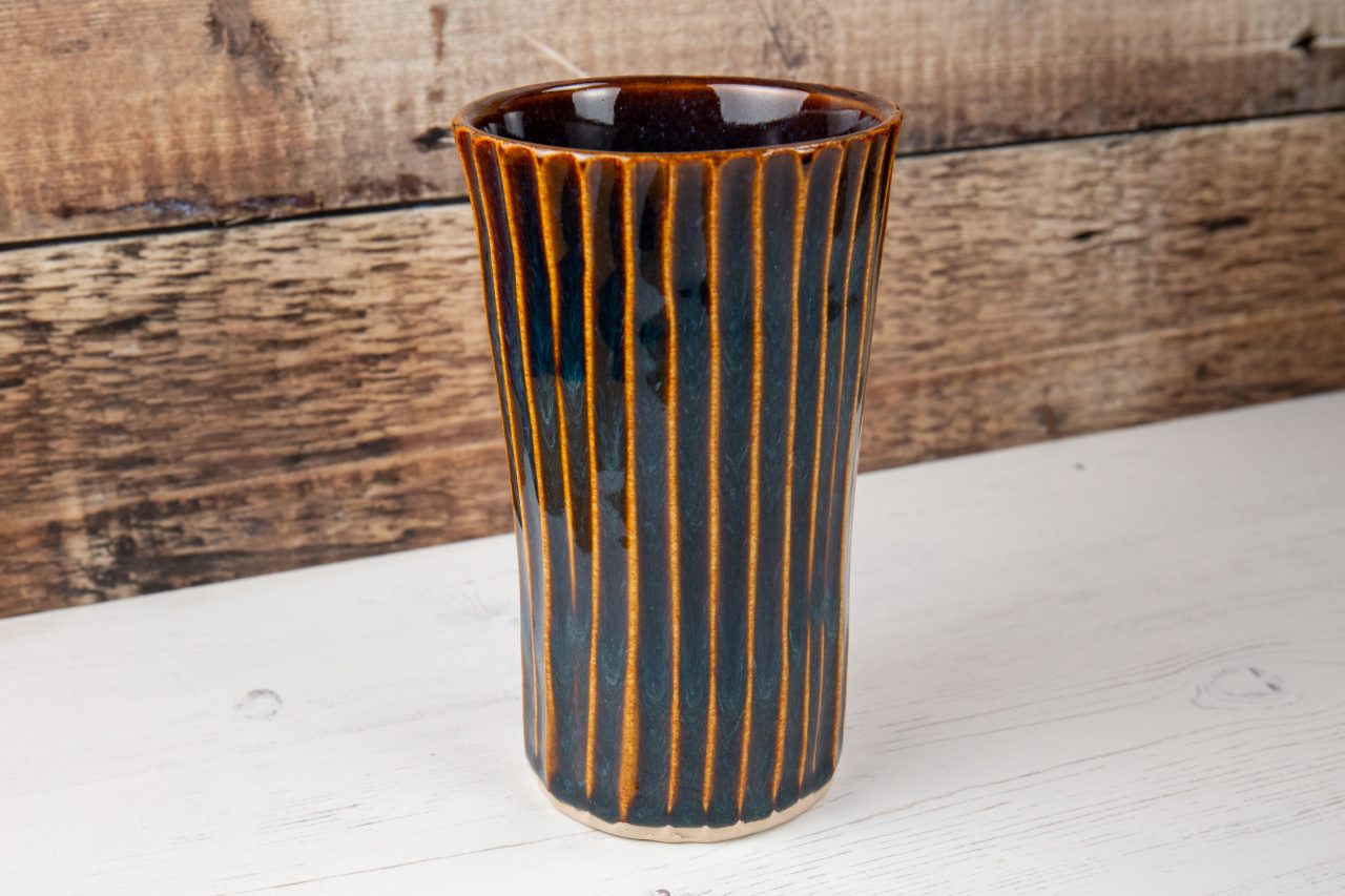 Mini Vase - Amber Blue Stoneware Flower Vase Carved Lines
