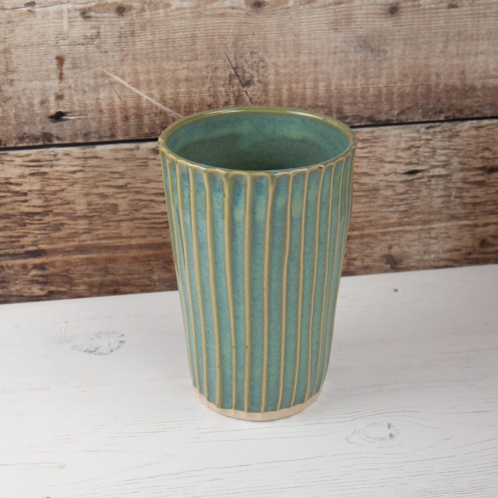 Vase – Sea Mist Green Stoneware Flower Vase Carved Lines