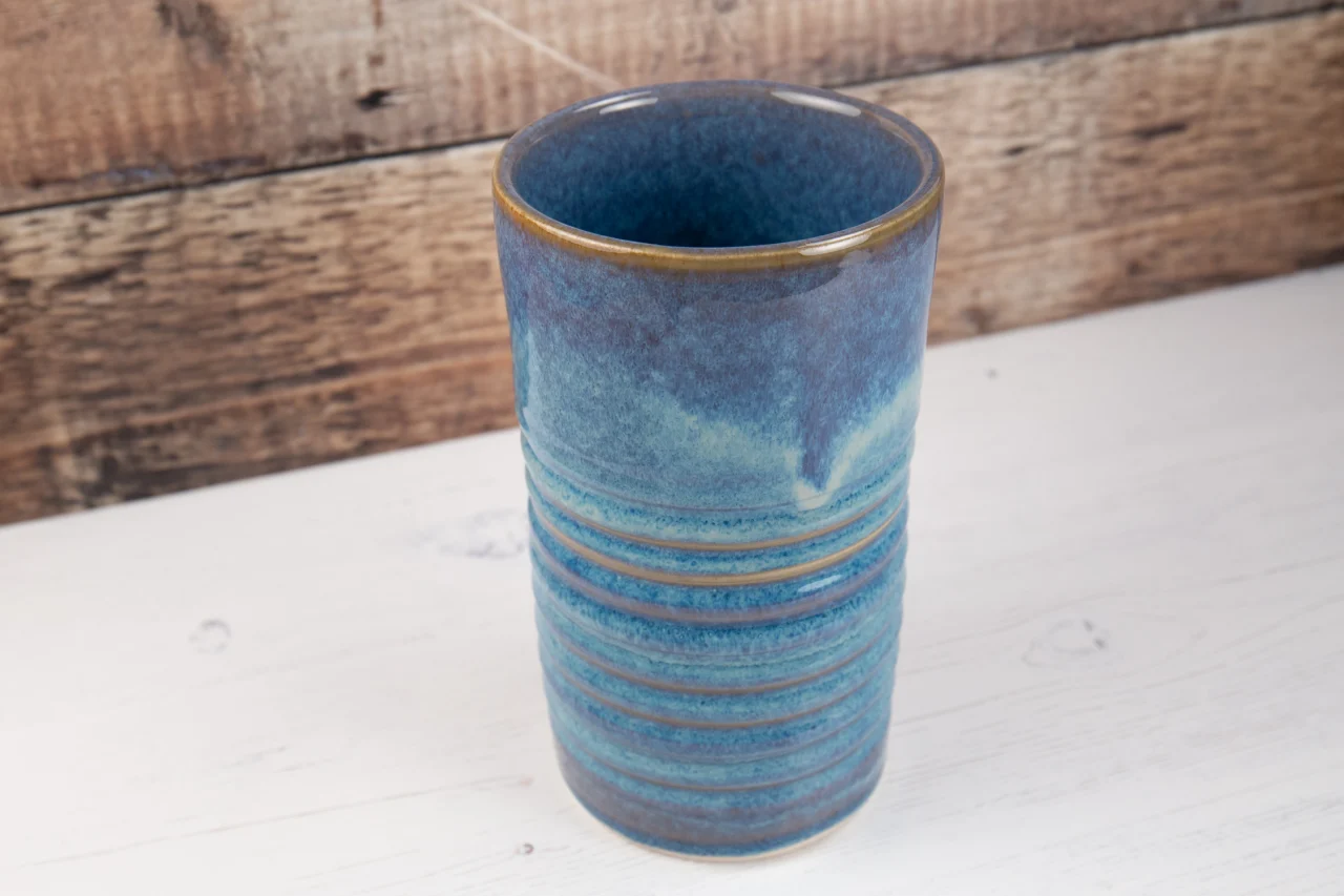 Denim Blue Stoneware Flower Vase Carved Texture